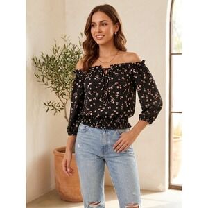 Papermoon Black Floral Off The Shoulder Smocked Hem Blouse Women's Small